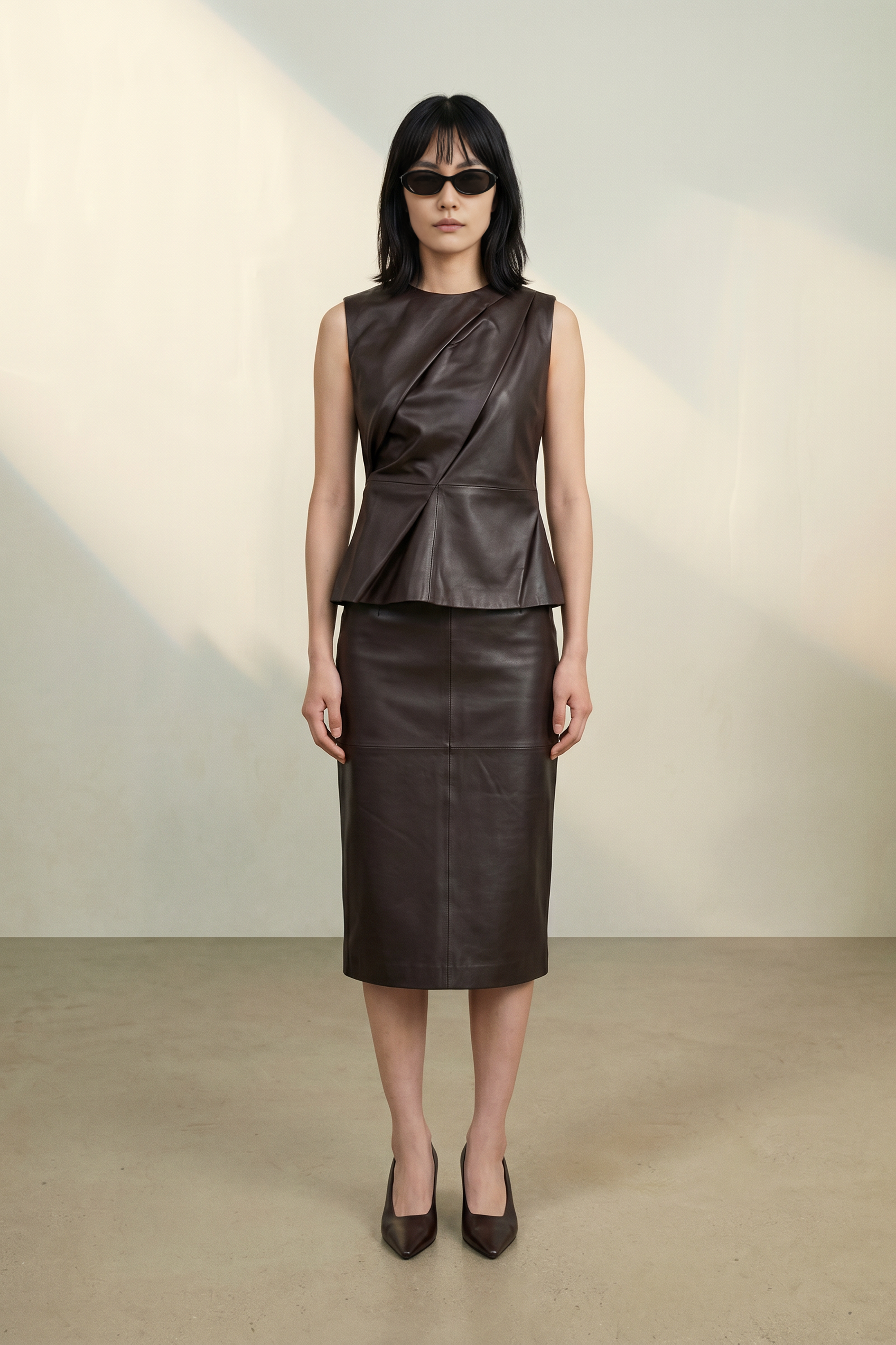 Atelier Taktil AT-Lily Leather Pencil Skirt Leather 728 Espresso Brown